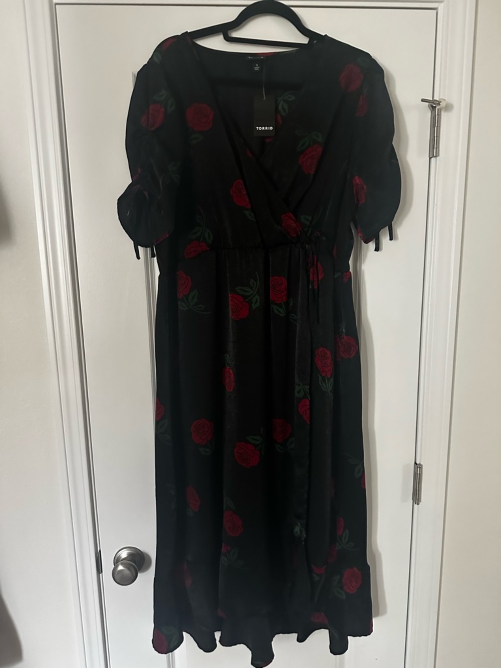 torrid Black Wrap Midi Dress with Red Rose Print